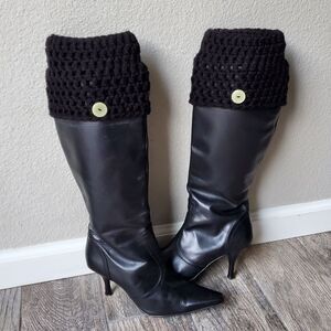Hand Crafted Black Open Knit Crochet Boot Cuffs and Headwrap Set